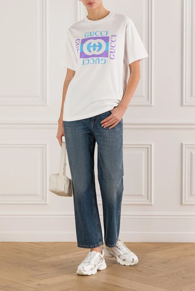 Белая футболка из хлопкового джерси с сине-фиолетовым принтом - фото 2