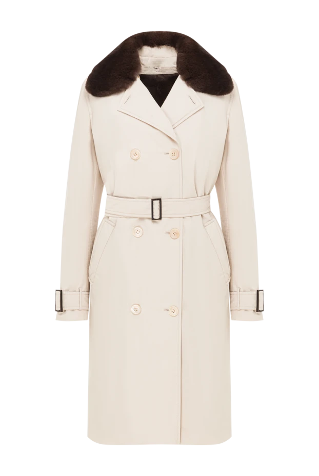 Бежевый двубортный тренчкот на меху с воротником из овчины - фото 1