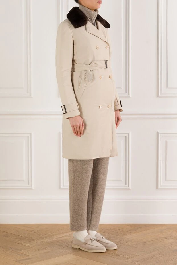 Kiton жүні және қырқу жағасы бар бежевый түсті қос қауырсынды тренч пальто 192055 - фото 3