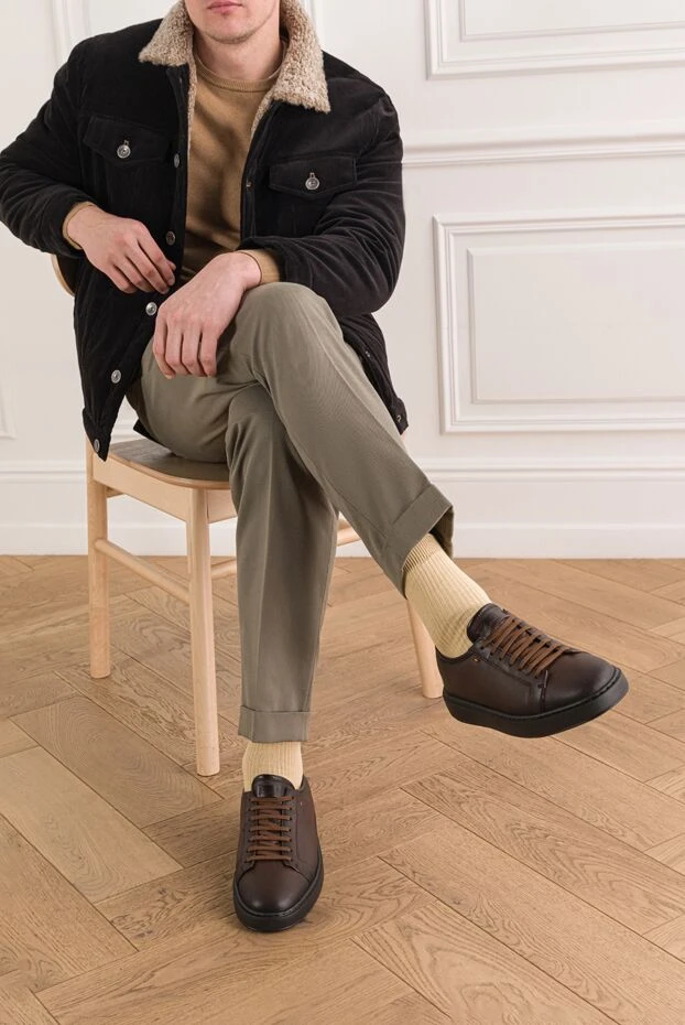 Santoni ерлерге арналған қою қоңыр түсті былғарыдан жасалған қос ілмекті кроссовкалар 192146 - фото 2