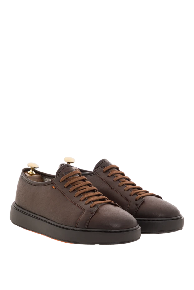 Santoni мужские кроссовки из темно-коричневой мятой кожи с двойной пряжкой 192146 - фото 3