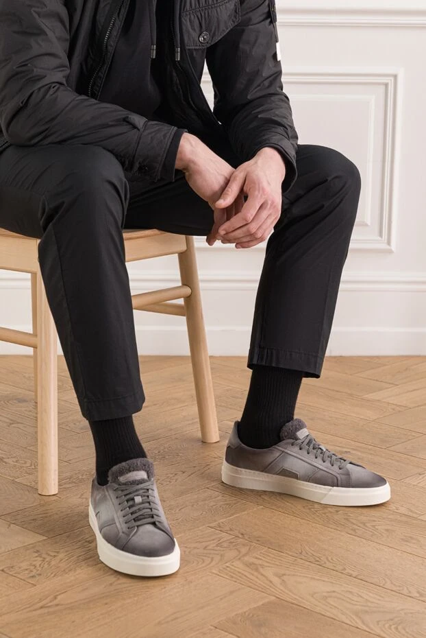 Santoni ерлерге арналған gloria сұр замшадан жасалған жүн астары бар кроссовкалар 192147 - фото 2