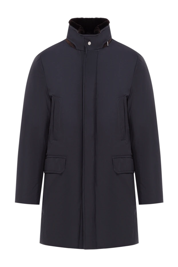 Men's dark blue down jacket with a high fur collar - photo 1