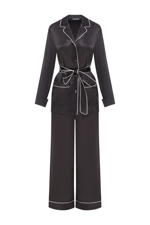 Шелковый комплект черного цвета с контрастной белой окантовкой - фото 1