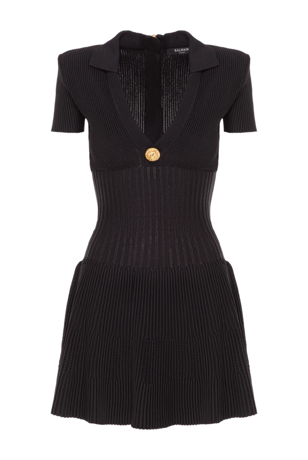 Черное трикотажное мини-платье в рубчик с V-образным вырезом - фото 1