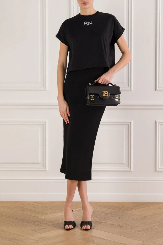 Balmain black cropped t-shirt with logo and cuffed sleeves 192271 - photo 2