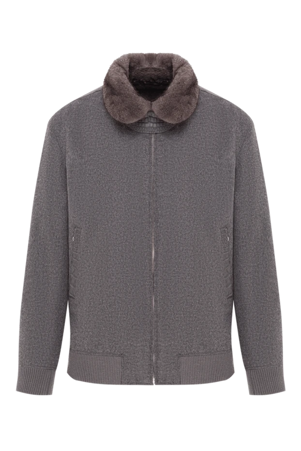 Серый бомбер из кашемира на меху с вставками из кожи крокодила - фото 1