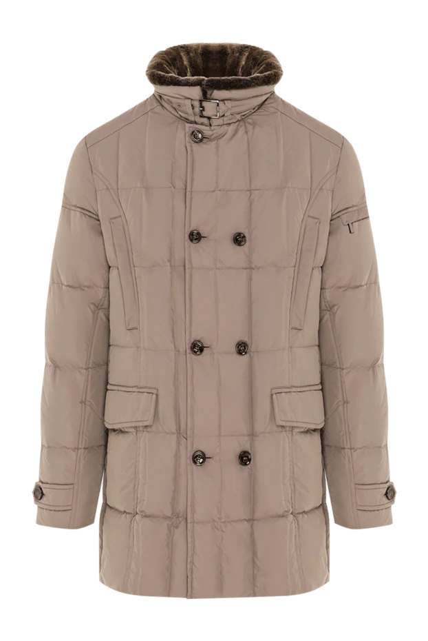 Бежевый мужской пуховик с воротником-стойкой и отделкой из меха - фото 1