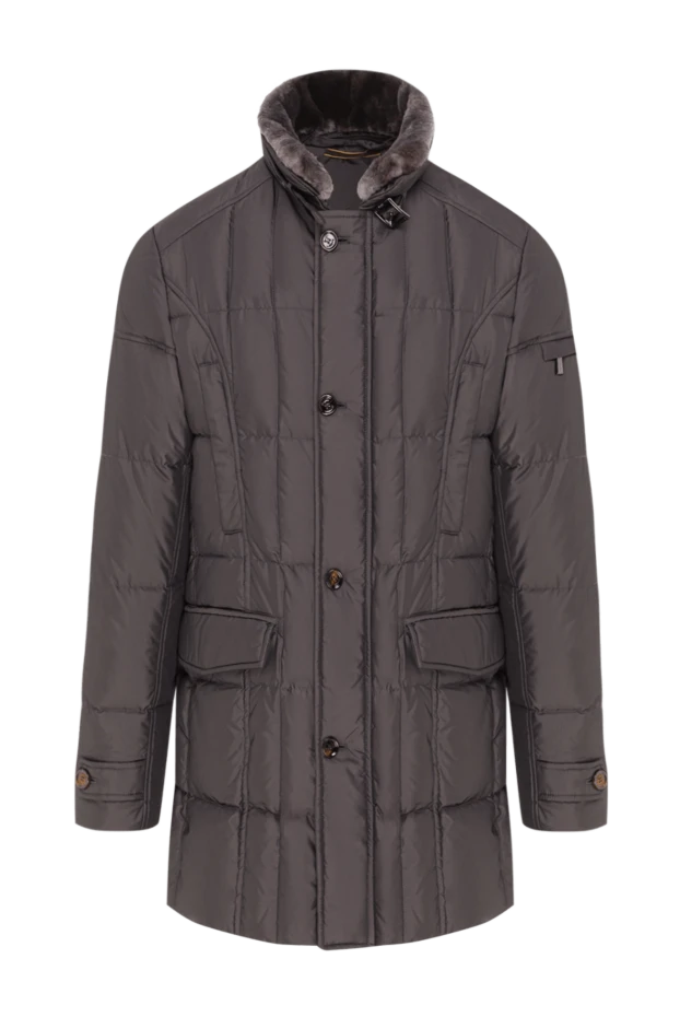 Тік жағасы және үлбірмен безендірілген ерлерге арналған сұр түсті мамық күртеше - фото 1