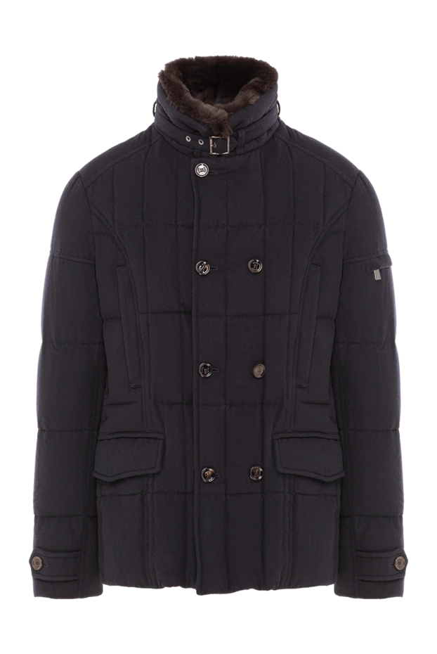 Темно-синий пуховик с меховым воротником и двубортной застежкой - фото 1