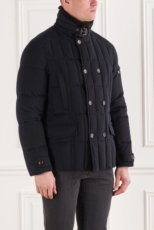 Moorer темно-синий пуховик с меховым воротником и двубортной застежкой 192365 - фото 3