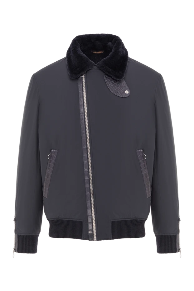 Men's blue aviator jacket with fur and crocodile leather inserts - photo 1