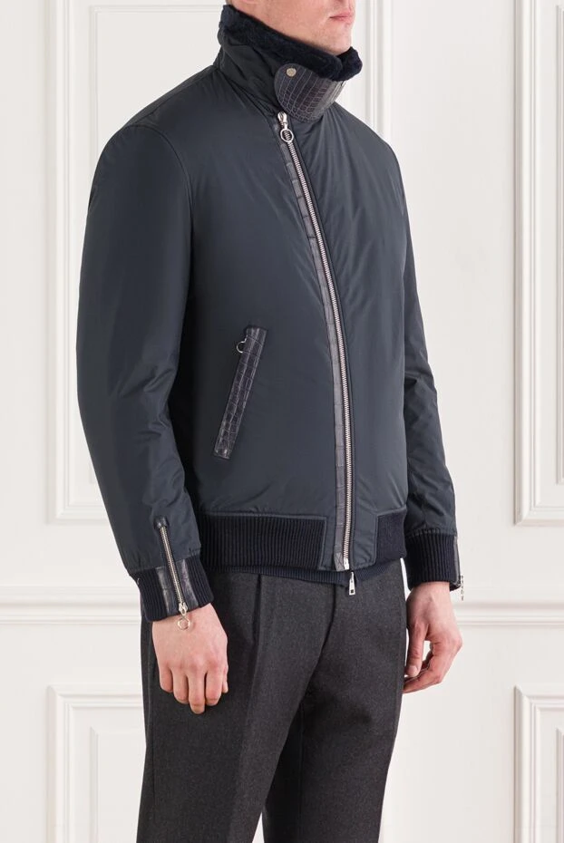 Seraphin men's blue aviator jacket with fur and crocodile leather inserts 192368 - photo 3