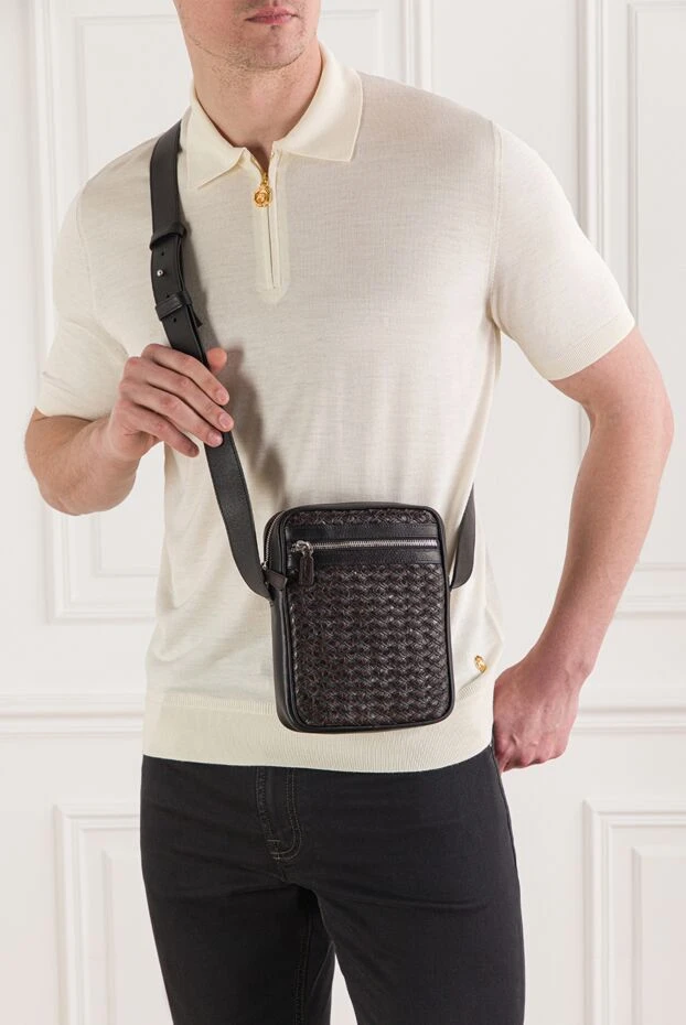 Men's brown woven leather messenger bag - photo 2