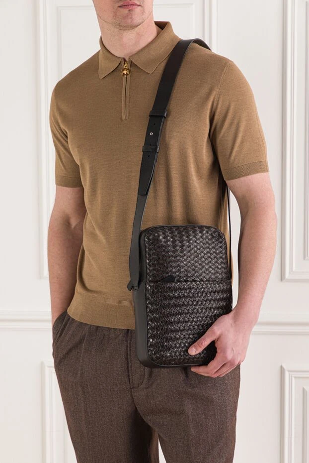 Men's Brown Woven Leather Shoulder Messenger Bag - photo 2