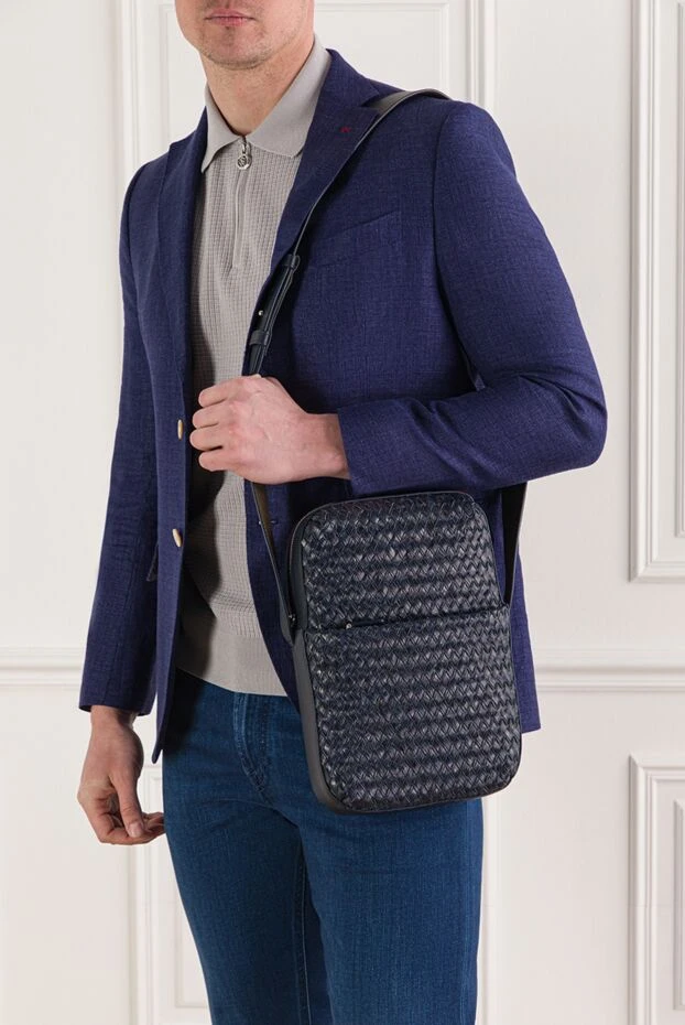 Қою көк түсті ерлерге арналған тоқылған былғары иық сөмкесі - фото 2