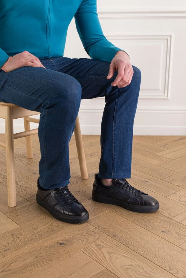 Santoni мужские черные кожаные сникеры с меховой подкладкой 192382 - фото 2