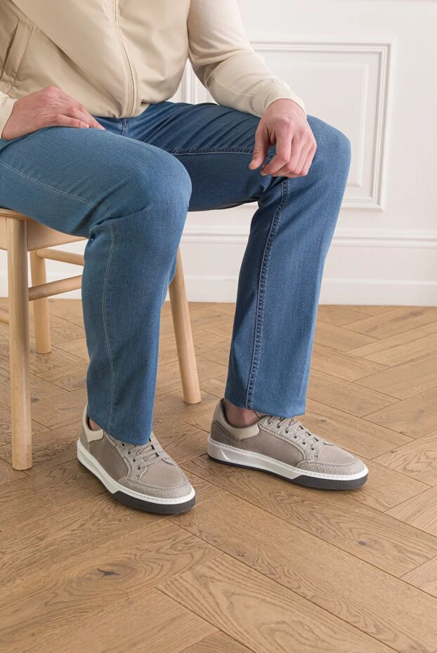 Zilli мужские кроссовки из замши и кожи каймана бежевого цвета 192414 - фото 2