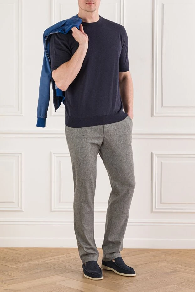 Cesare di Napoli мужской джемпер с коротким рукавом из синего хлопкового меланжа 192440 - фото 2