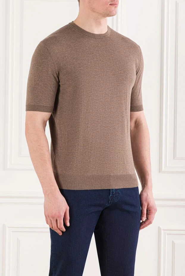 Cesare di Napoli мужской джемпер с коротким рукавом из хлопка коричневого цвета 192442 - фото 3