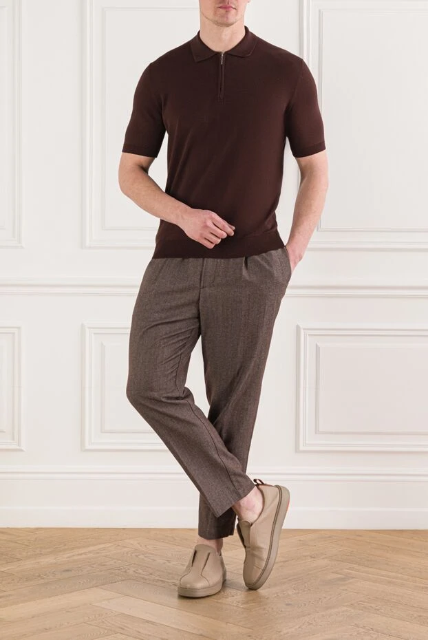 Cesare di Napoli мужская коричневая рубашка поло из хлопка на молнии 192461 - фото 2