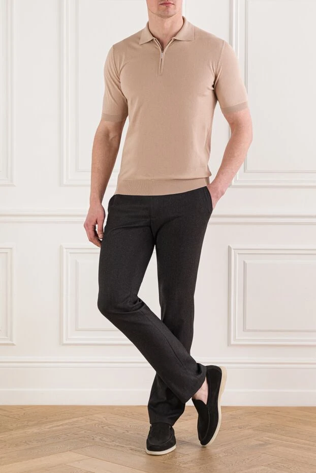 Мужское поло в бежевом цвете из натурального хлопка на молнии - фото 2