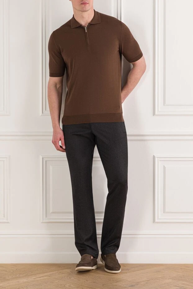Cesare di Napoli мужское коричневое поло на молнии из натурального хлопка 192464 - фото 2