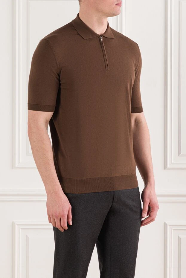 Cesare di Napoli мужское коричневое поло на молнии из натурального хлопка 192464 - фото 3