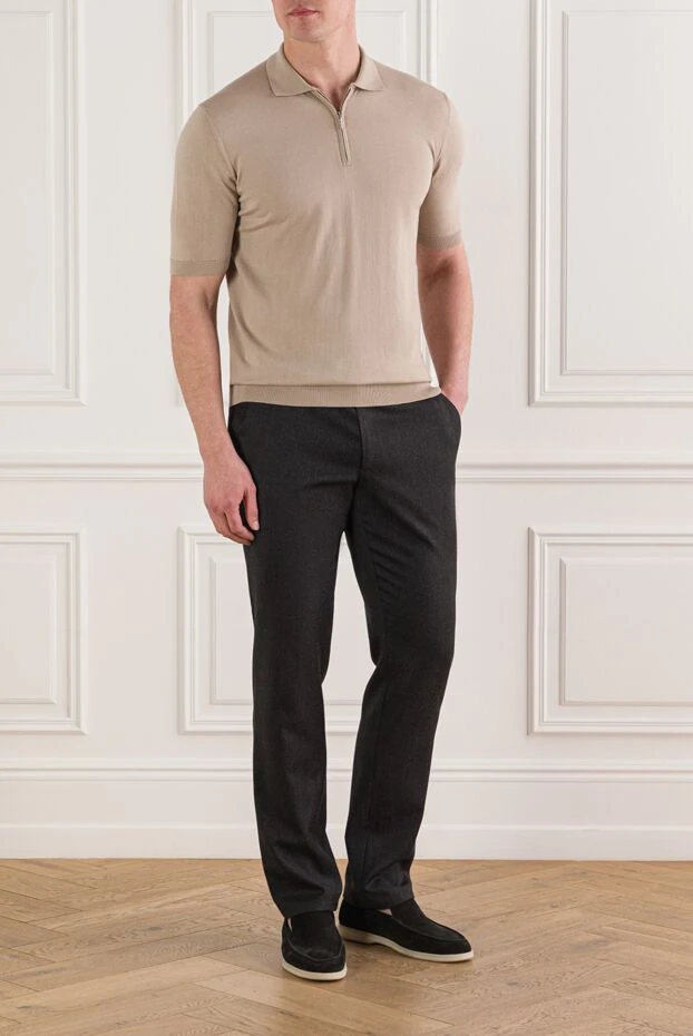 Мужское бежевое поло на молнии из натурального хлопка - фото 2