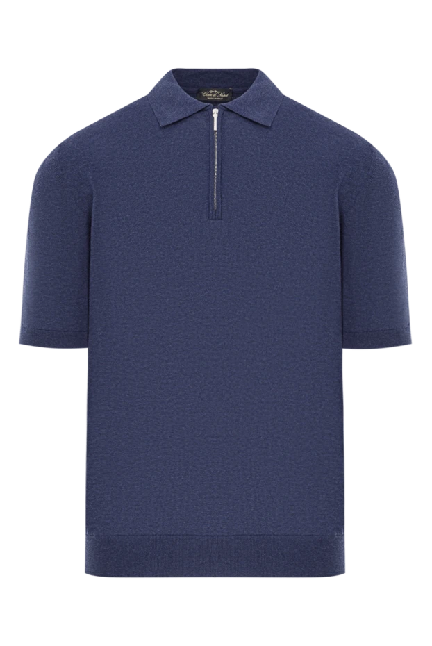 Мужская хлопковая футболка-поло на молнии синего цвета - фото 1