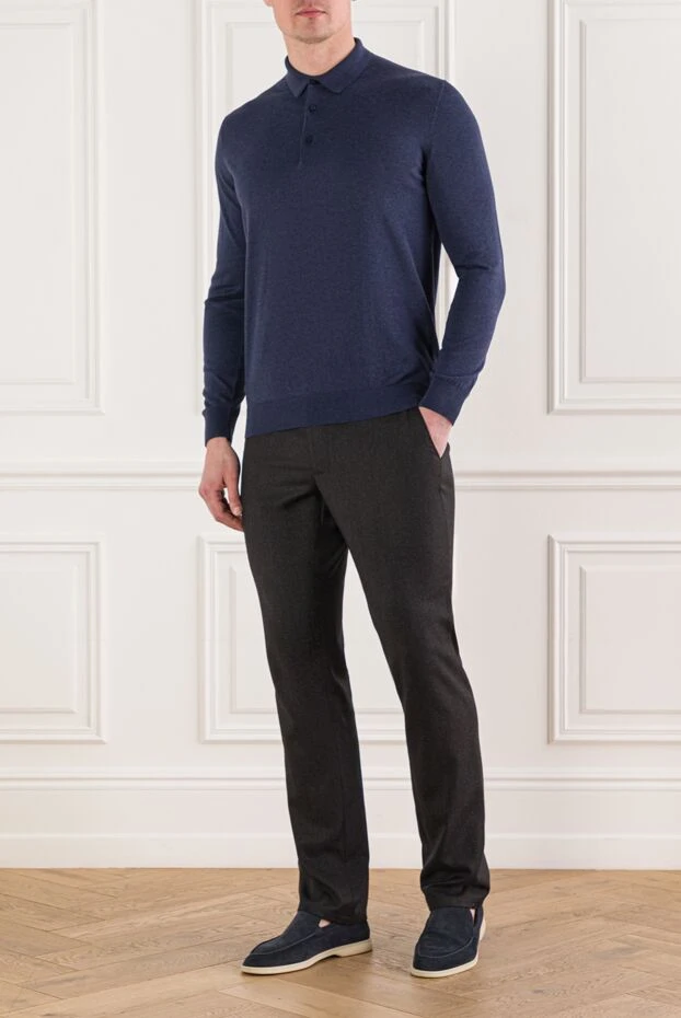 Cesare di Napoli поло из хлопкового трикотажа с длинным рукавом в синем цвете 192482 - фото 2