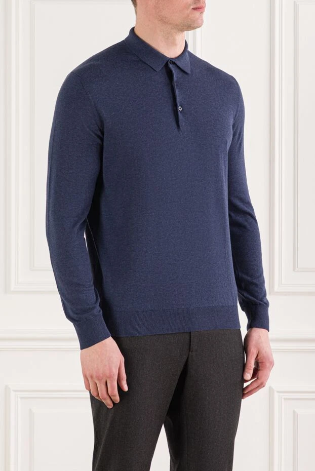 Cesare di Napoli поло из хлопкового трикотажа с длинным рукавом в синем цвете 192482 - фото 3