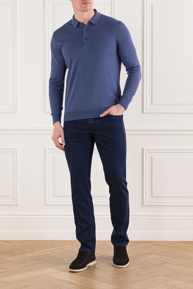 Базовое мужское поло голубого цвета с длинным рукавом - фото 2