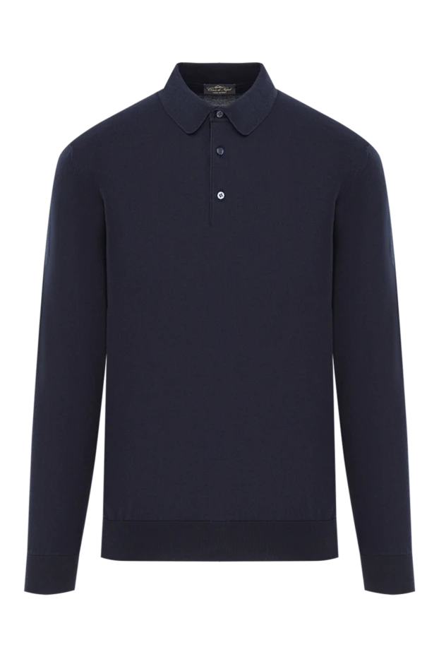 Поло из натурального хлопка темно-синего цвета с длинным рукавом - фото 1