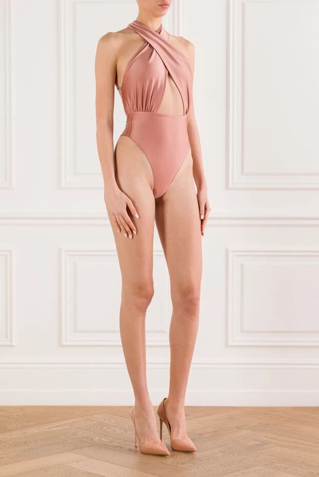 The Andamane боди hola из блестящей лайкры карамельного цвета с вырезом-халтер 192518 - фото 3