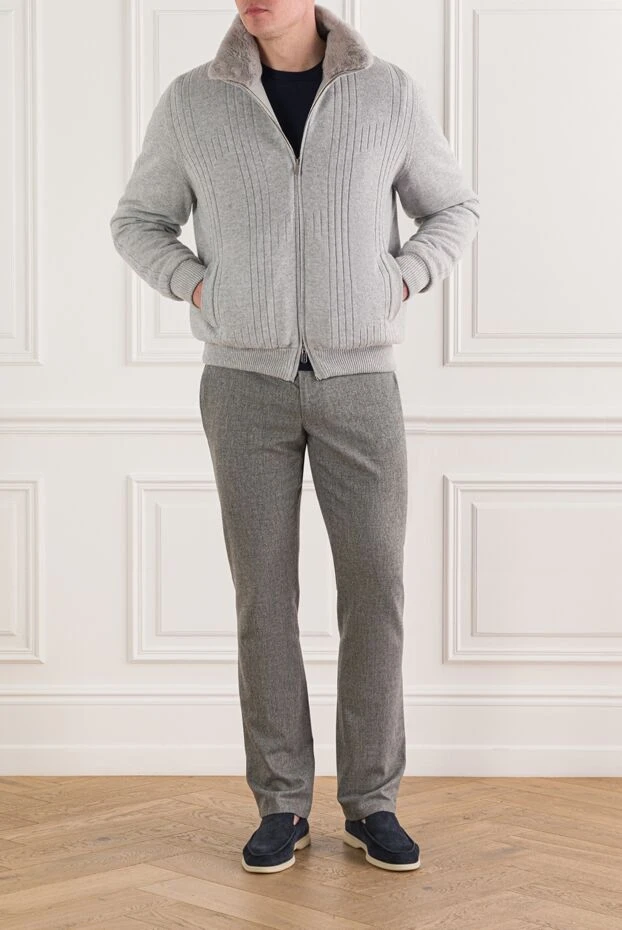 Cерая мужская куртка-кардиган из кашемира на меху - фото 2