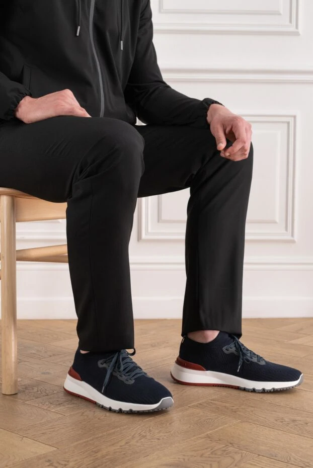 Brunello Cucinelli өкшесі былғарыдан жасалған қондырмасы бар ерлерге арналған қою көк түсті тоқылған кроссовкалар 192643 - фото 2