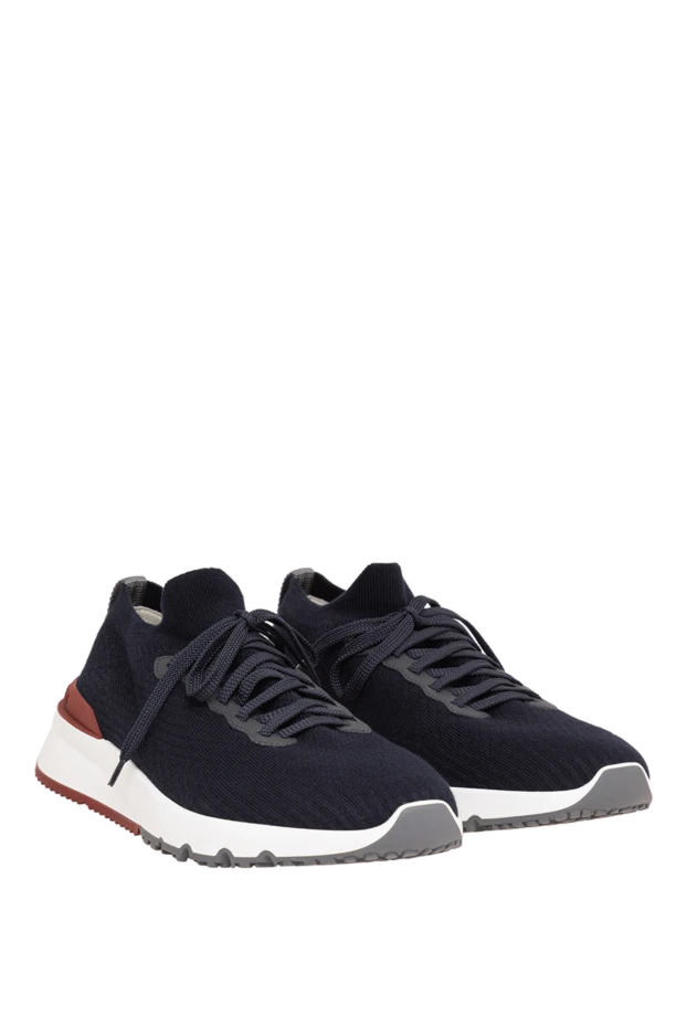 Brunello Cucinelli өкшесі былғарыдан жасалған қондырмасы бар ерлерге арналған қою көк түсті тоқылған кроссовкалар 192643 - фото 3