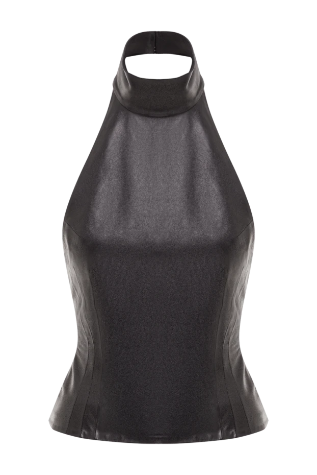 Кожаный черный топ из натуральной кожи с завязками на шее - фото 1