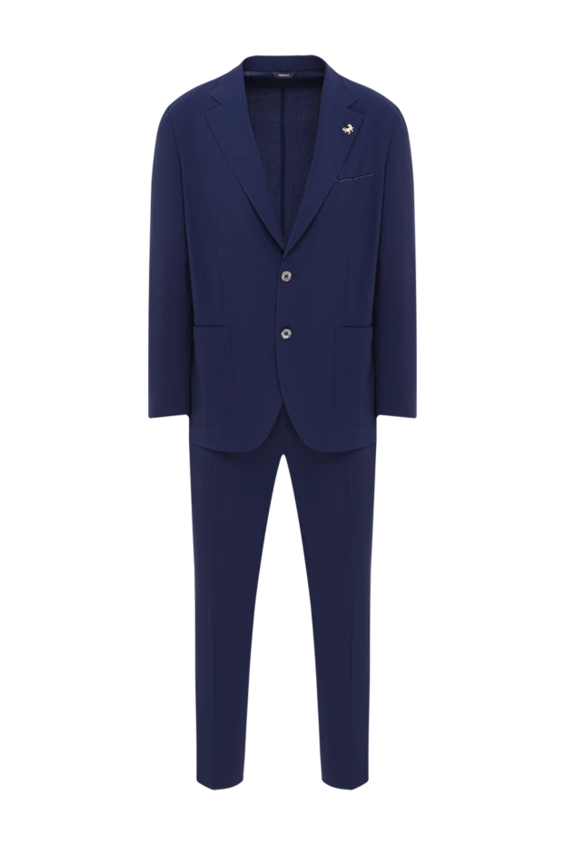 Мужской классический темно-синий костюм с накладными карманами - фото 1