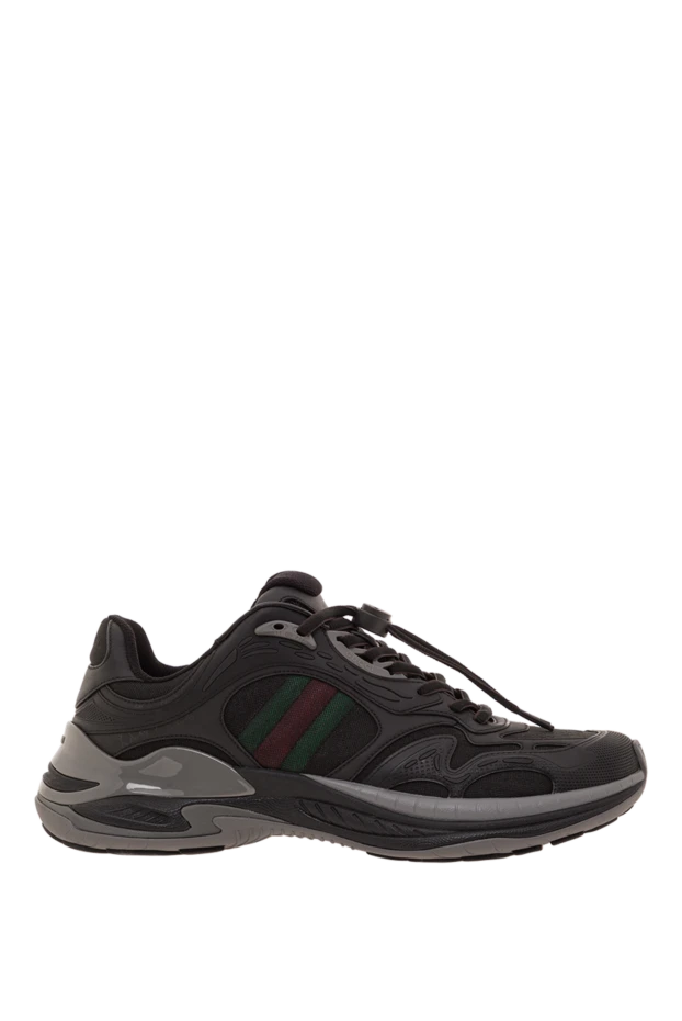 Жасыл және қызыл торлы жолағы бар қара торлы және былғарыдан жасалған Gucci 2.0 кроссовкалары - фото 1