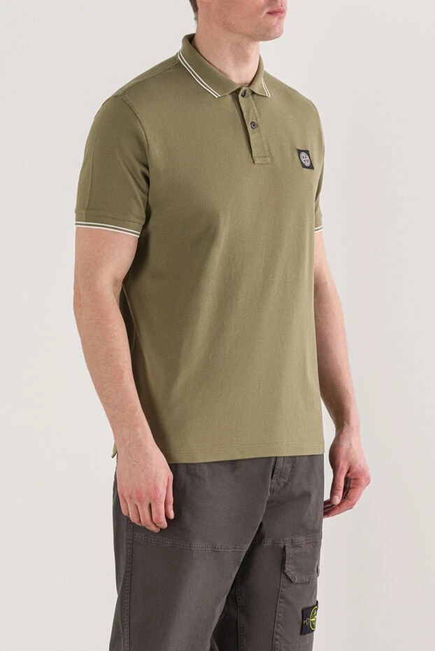 Stone Island зеленое поло из хлопка с ребристым воротником и контрастной отделкой 192901 - фото 3