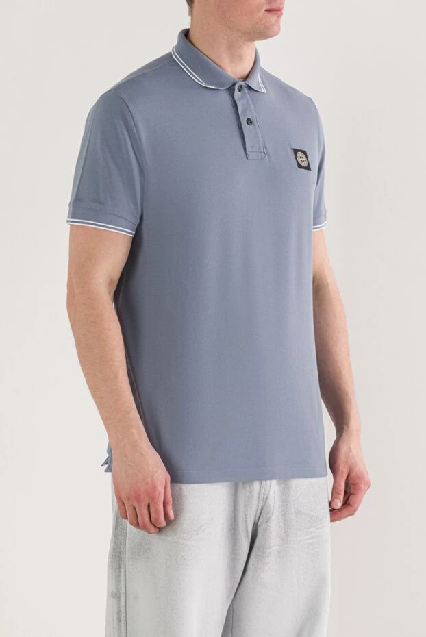 Stone Island голубое поло из хлопка с ребристым воротником и контрастной отделкой 192920 - фото 3