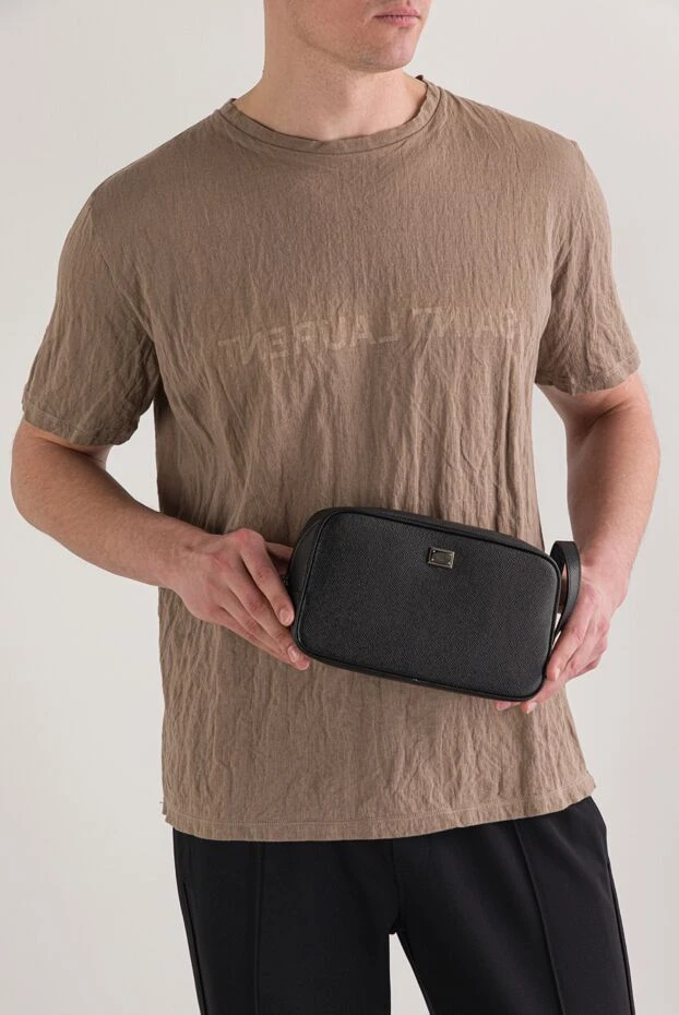 Альпина өрнегі бар қара түсті Сицилия бұзау терісінен жасалған жуынатын сөмке - фото 2