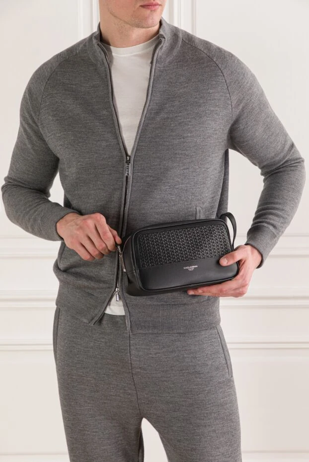 Мужская сумка-органайзер из плетеной черной телячьей кожи - фото 2