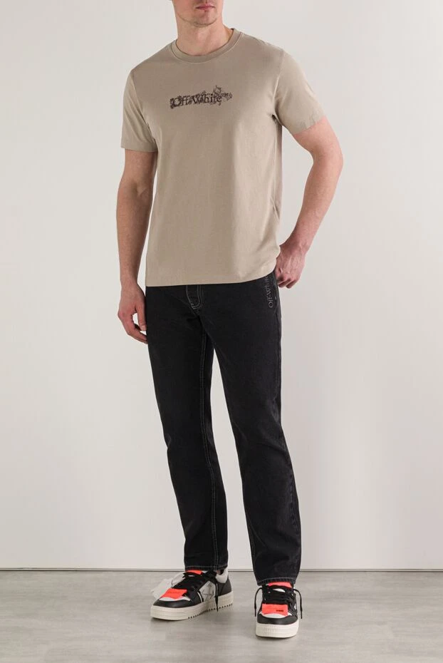 Off-White бежевая футболка с вышитым логотипом из 100% хлопка 192979 - фото 3