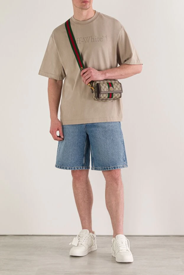 Off-White бежевая футболка в стиле оверсайз с вышитым логотипом на груди 192988 - фото 3