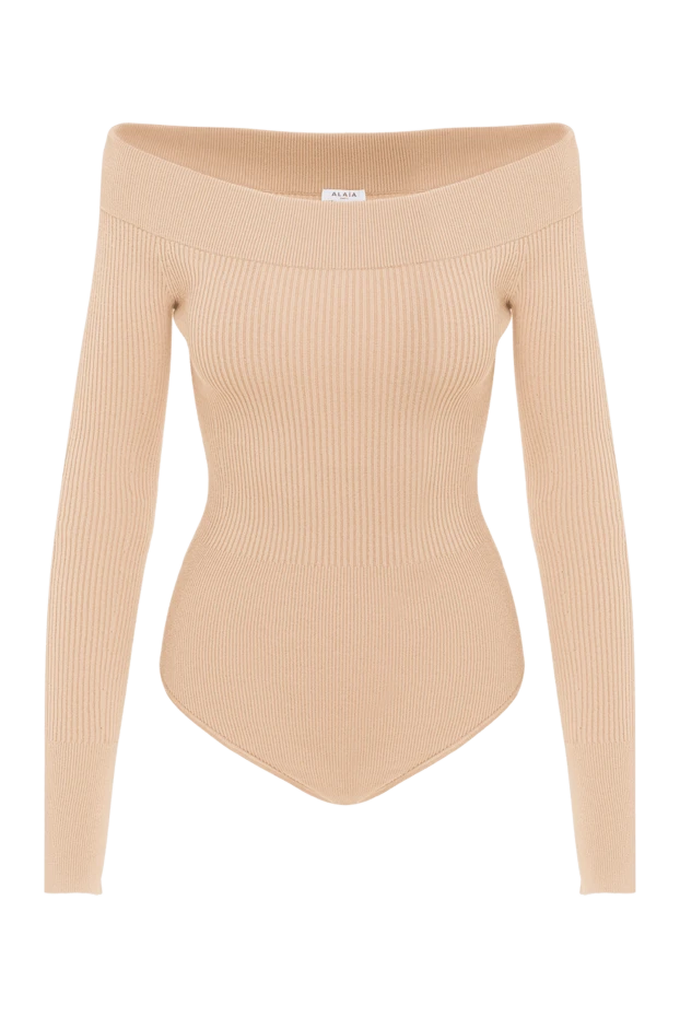 Вязаное бежевое боди ребристой вязки с открытыми плечами - фото 1