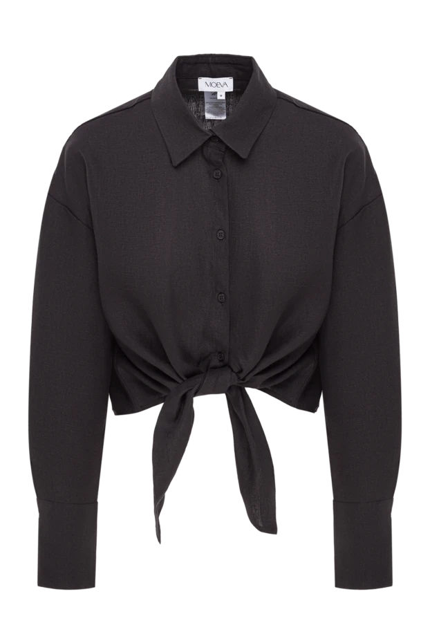 Укороченная черная рубашка из льна с акцентным узлом-завязкой на талии - фото 1
