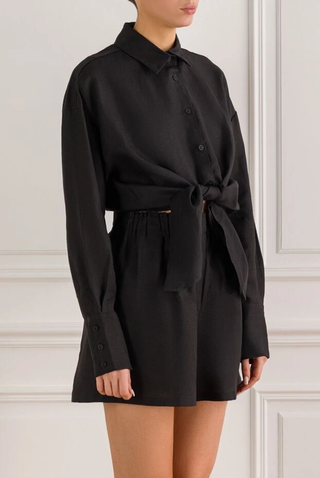 Moeva укороченная черная рубашка из льна с акцентным узлом-завязкой на талии 193033 - фото 3